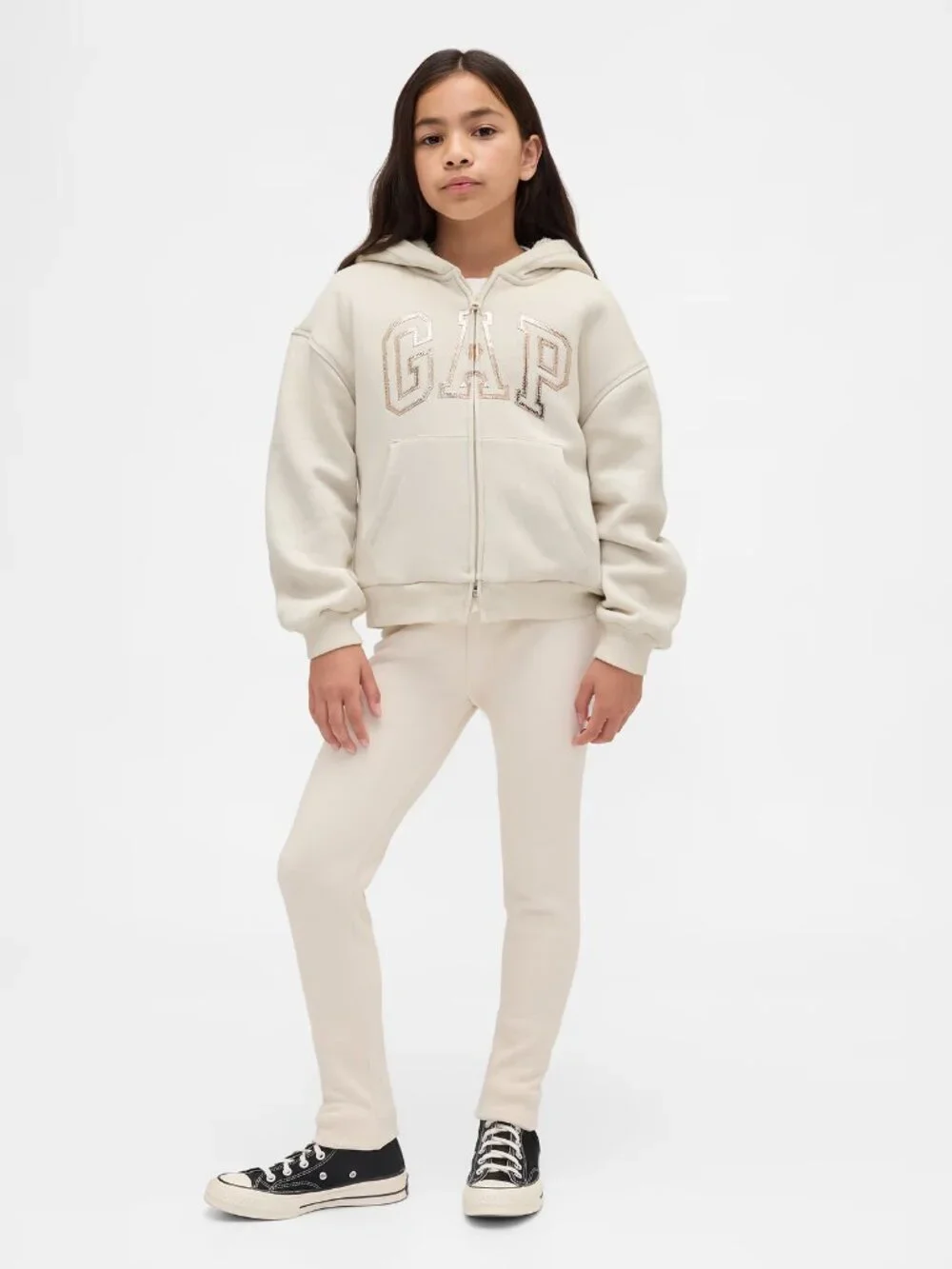 Gap Kids Cozy Sherpa Zip Hoodie Girls Youth M 8 Metallic Graphic Logo Ivory